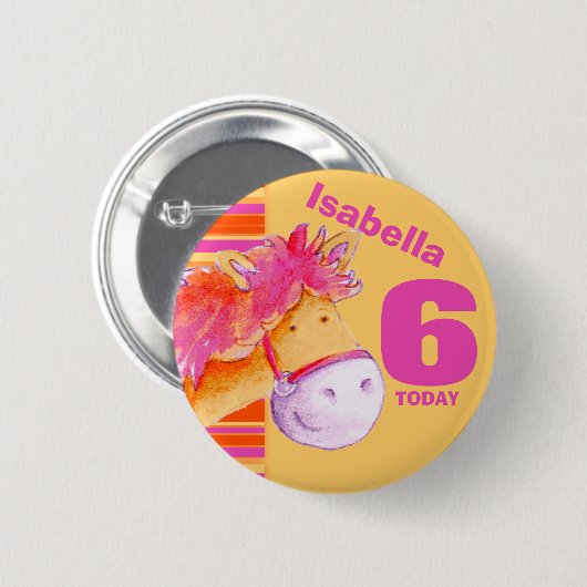Pony paard 6e verjaardagsknop badge ronde button 5,7 cm (Voorkant /achterkant)
