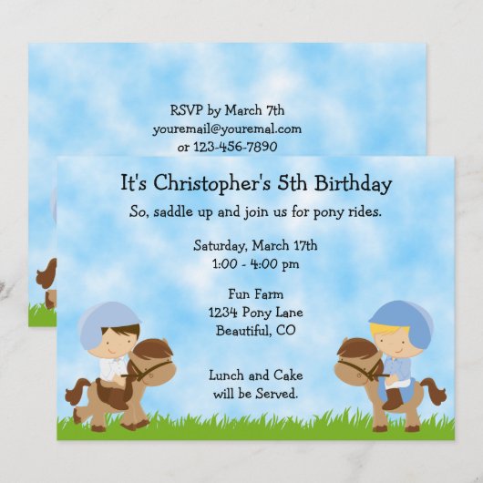 Pony Party verjaardagsuitnodigingen voor jongens Kaart (Voorkant / Achterkant)