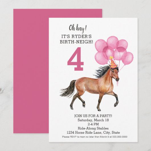 Pony Ride Birthday Party // Horse Birth-neigh Kaart (Voorkant / Achterkant)