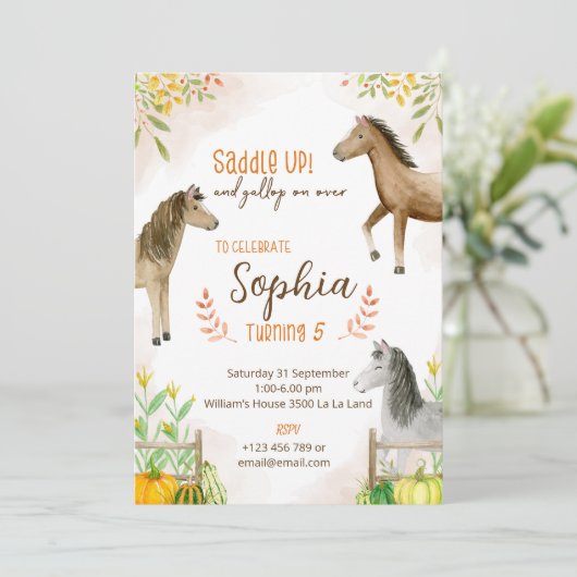 Pony uitnodiging op feestdag met thema herfst (Staand voorkant)