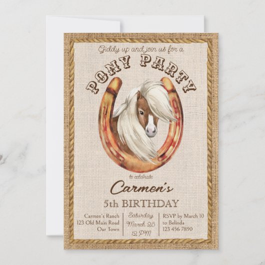 Pony verjaardag in het gezelschap van cowboy party kaart (Voorkant)