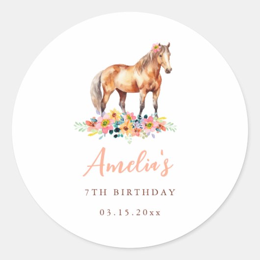 Pony Verjaardagsfeest Bloemen Paard Roze Sticker (Voorkant)