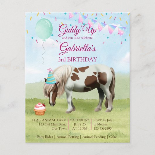 Pony Verjaardagsfeest Giddy Up Budget Uitnodiging (Voorkant)
