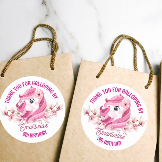 Pony verjaardagsfeestje roze paard dank u ronde sticker