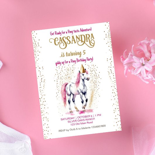 Pony verjaardagsfeestje wit paard goud sprinkles kaart