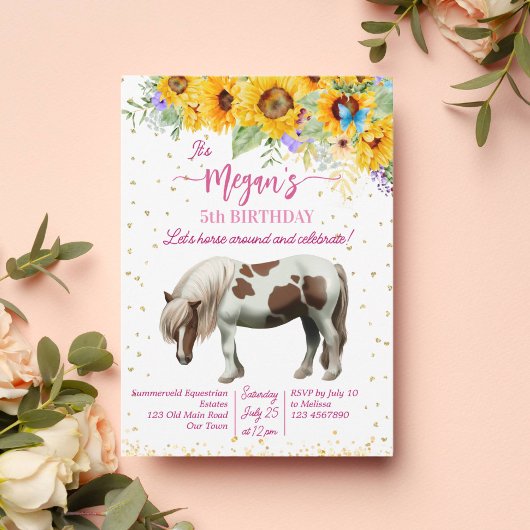 Pony verjaardagsfeestje zonnebloemen glitter sjabl kaart