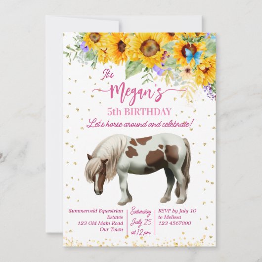Pony verjaardagsfeestje zonnebloemen glitter sjabl kaart (Voorkant)