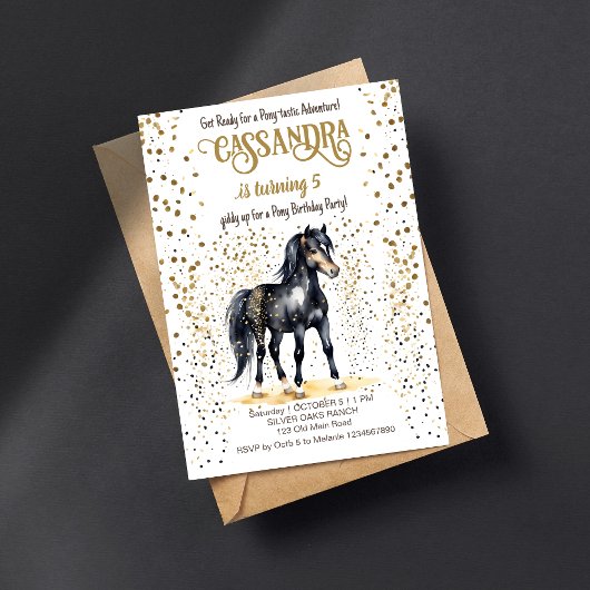 Pony verjaardagsfeestje zwart paard gouden sprinkl kaart