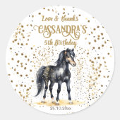 Pony verjaardagsfeestje zwart paard gouden sprinkl ronde sticker (Voorkant)