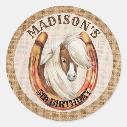 Pony verjaardagsopstand cowgirl cowboy party ronde sticker (Voorkant)