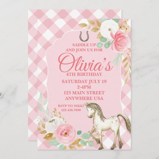  pony verjaardagsuitnodiging Bloemen Boho Paard Kaart (Voorkant / Achterkant)