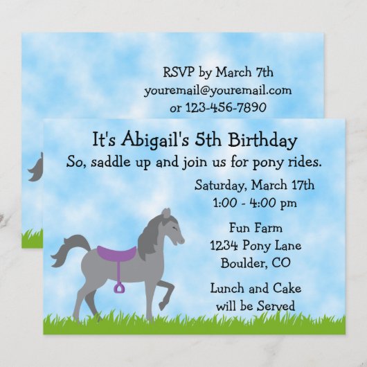 Pony verjaardagsuitnodiging voor meisjes kaart (Voorkant / Achterkant)