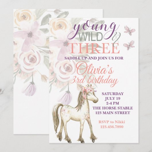 Pony verjaardagsuitnodiging Young Wild en drie Kaart (Voorkant / Achterkant)