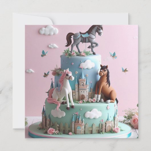 PONY'S & KASTELEN CAKE KINDEREN VERJAARDAG KAART (Voorkant)