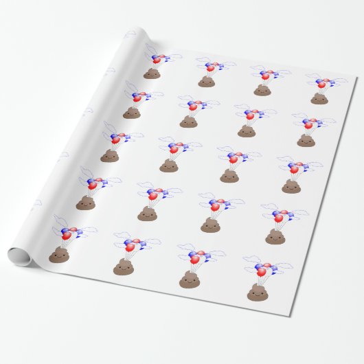 Poo Emoji vliegt met ballonnen Cadeaupapier (Uitgerold)