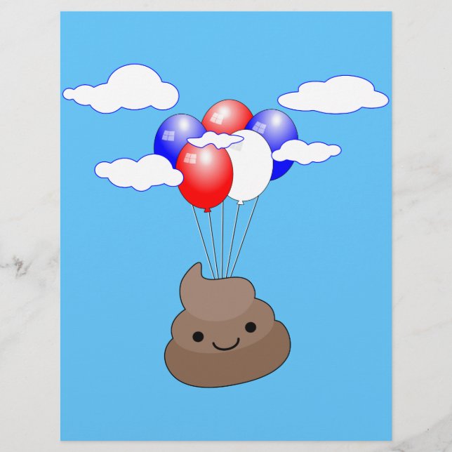 Poo emoji vliegt met ballonnen in blauwe lucht (Voorkant)