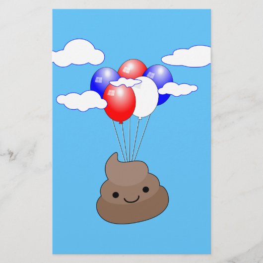 Poo emoji vliegt met ballonnen in blauwe lucht briefpapier (Voorkant)