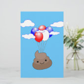 Poo emoji vliegt met ballonnen in blauwe lucht briefpapier (Staand voorkant)