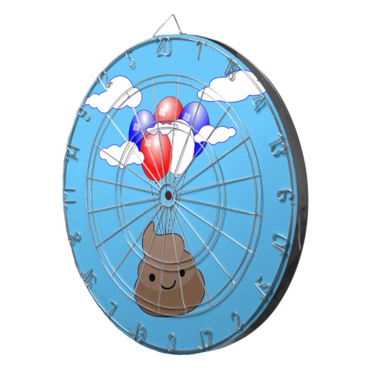 Poo emoji vliegt met ballonnen in blauwe lucht dartbord (Voorkant Rechts)