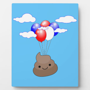 Poo emoji vliegt met ballonnen in blauwe lucht fotoplaat