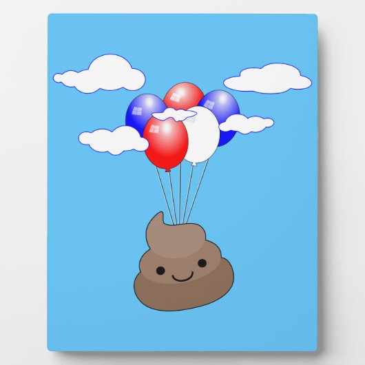 Poo emoji vliegt met ballonnen in blauwe lucht fotoplaat (Voorkant)