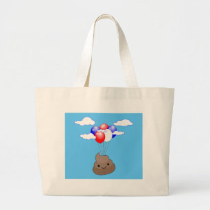 Poo emoji vliegt met ballonnen in blauwe lucht grote tote bag