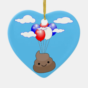 Poo emoji vliegt met ballonnen in blauwe lucht keramisch ornament