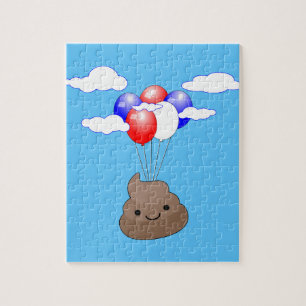 Poo emoji vliegt met ballonnen in blauwe lucht legpuzzel