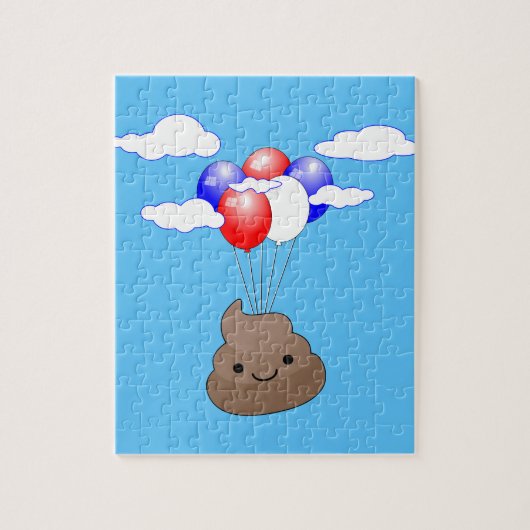 Poo emoji vliegt met ballonnen in blauwe lucht legpuzzel (Verticaal)