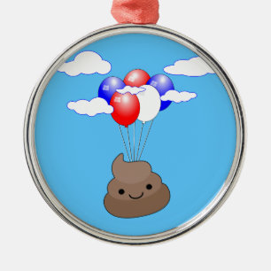 Poo emoji vliegt met ballonnen in blauwe lucht metalen ornament