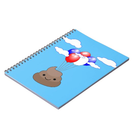 Poo emoji vliegt met ballonnen in blauwe lucht notitieboek (Linkerzijde)