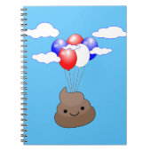 Poo emoji vliegt met ballonnen in blauwe lucht notitieboek (Voorkant)