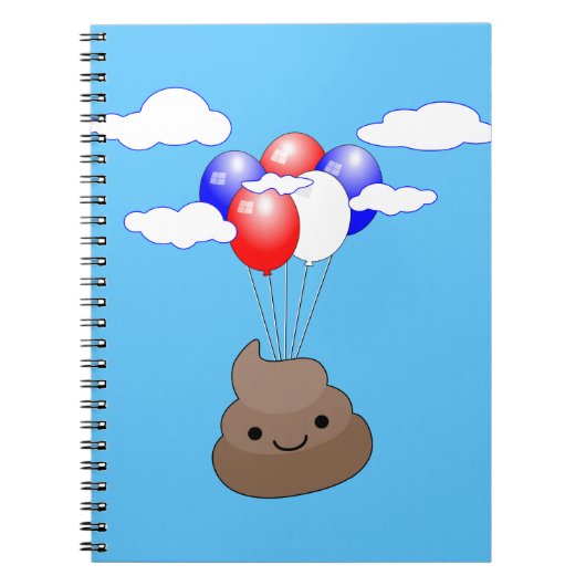 Poo emoji vliegt met ballonnen in blauwe lucht notitieboek (Voorkant)