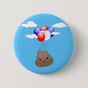 Poo emoji vliegt met ballonnen in blauwe lucht ronde button 5,7 cm