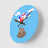 Poo emoji vliegt met ballonnen in blauwe lucht ronde klok (Hoek)