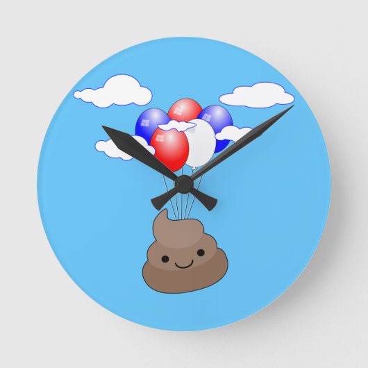 Poo emoji vliegt met ballonnen in blauwe lucht ronde klok (Voorkant)