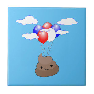 Poo emoji vliegt met ballonnen in blauwe lucht tegeltje