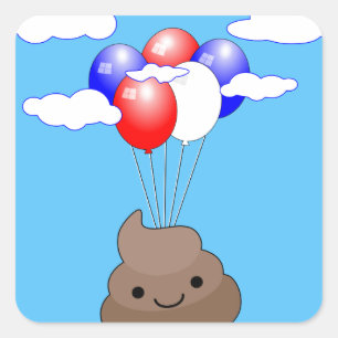 Poo emoji vliegt met ballonnen in blauwe lucht vierkante sticker
