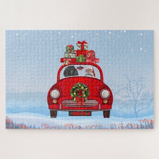 Poodelhond in auto met kerstman legpuzzel (Horizontaal)