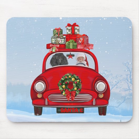 Poodelhond in auto met kerstman muismat (Voorkant)