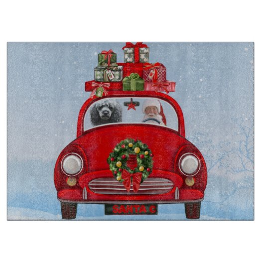 Poodelhond in auto met kerstman snijplank (Voorkant)