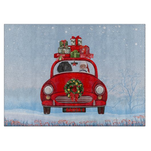 Poodelhond in auto met kerstman snijplank (Voorkant)