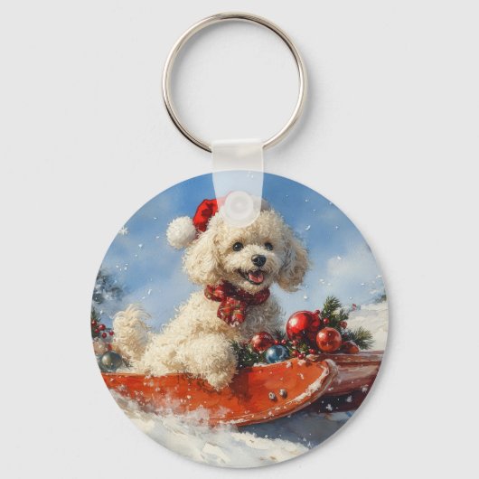 Poodelhond in slee laat het sneeuwen Kerstmis Sleutelhanger (Voorkant)