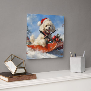 Poodelhond in slee laat het sneeuwen Kerstmis Vierkante Klok