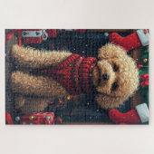 Poodelhond met kerstcadeaus bij de open haard legpuzzel (Horizontaal)