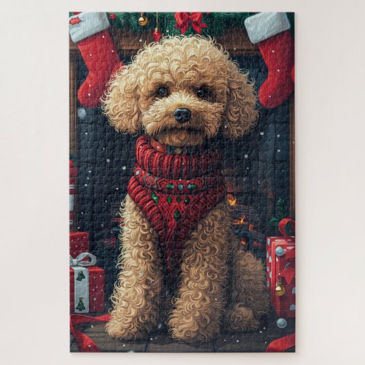 Poodelhond met kerstcadeaus bij de open haard legpuzzel (Verticaal)