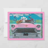 Poodjes in roze Cadillac Retro Print Invitation Kaart (Voorkant)