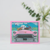 Poodjes in roze Cadillac Retro Print Invitation Kaart (Staand voorkant)