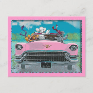 Poodjes in roze Cadillac Retro Print Invitation Kaart