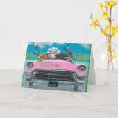Poodjes in roze cadillac Retro-printkaart Kaart (Gele Bloem)